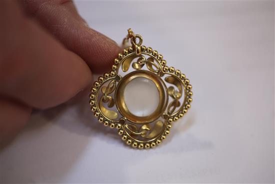 An early 20th century French 18ct gold, moonstone and seed pearl quatrefoil mistletoe pendant, overall 1.75in.